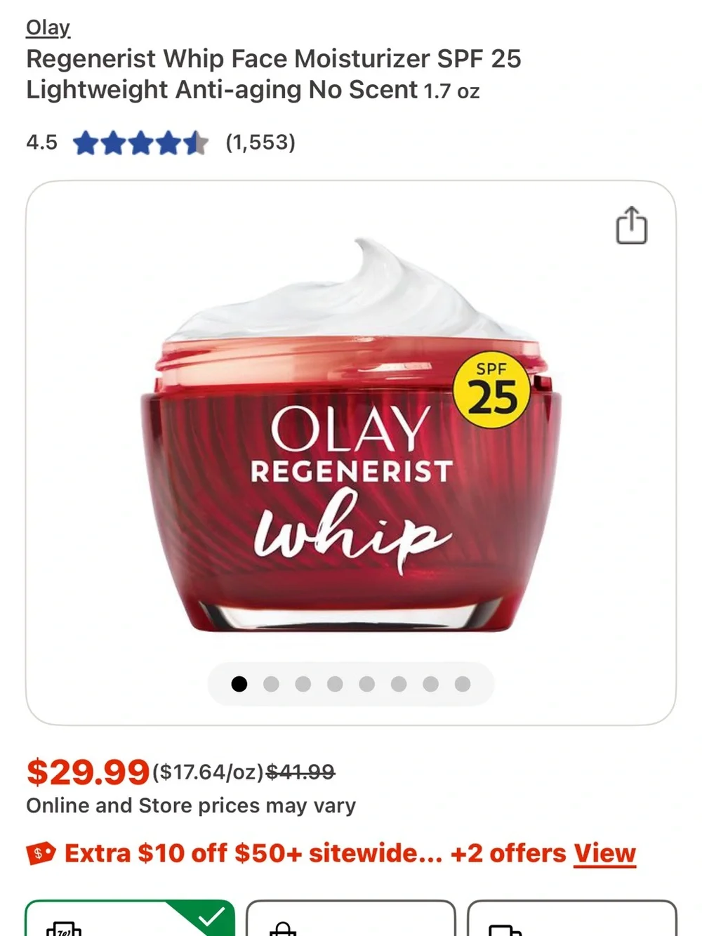OLAY Regenerist Whip Hydrating Moisturizer with SPF 25 - Red and Silver